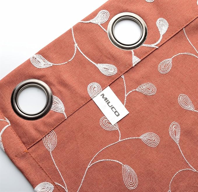 MIUCO Floral Embroidery Semi Sheer Curtains Faux Linen Grommet Curtain Panels for Kids Room 52 x 84 Inch 2 Panels, Rust