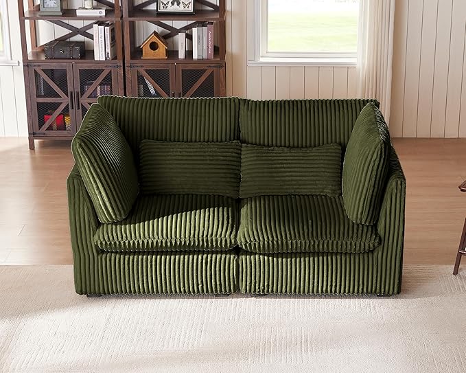 Oversized Modular Sofa, Extra Deep Cloud Corduroy Sectional Couch with Ottoman Chaise, Fluffy Corduroy 2 Seater Sofa Bed for Living Room, Villa (Loveseat Sofa, Corduroy Green)