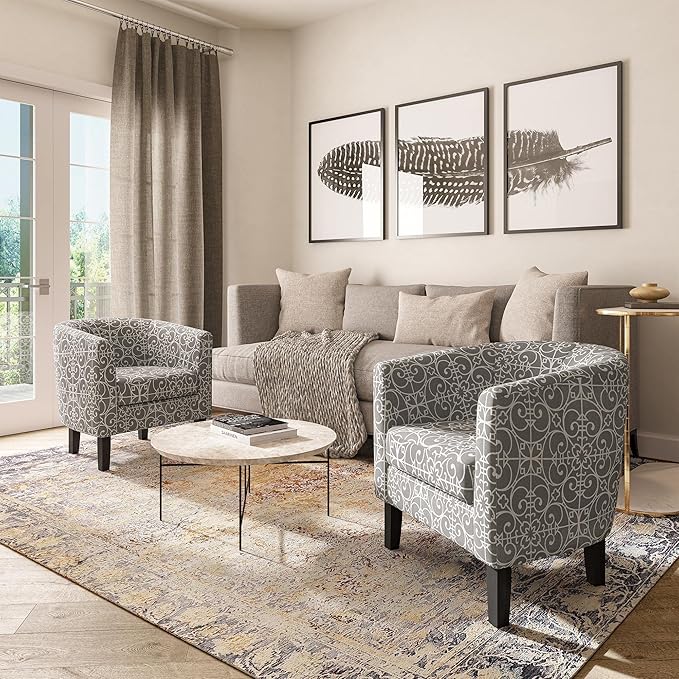 BELLEZE Accent Barrel Chair, Linen Round Chair Club Tub Sofa Corner Chair with Flared Legs and Cozy Soft Padding for Living Room Bedroom Waiting Room - White & Gray