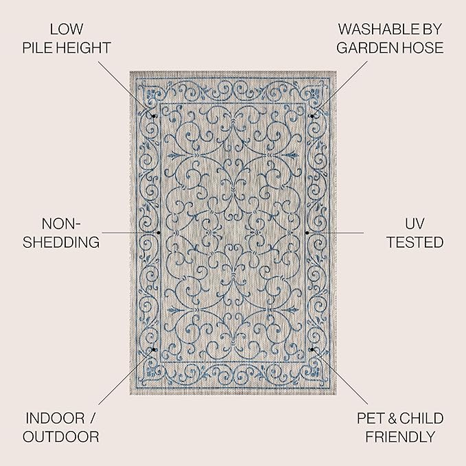 JONATHAN Y Vintage Filigree Indoor Outdoor Area Rug 10X14 Gray/Navy, Charleston Textured Weave for Backyard, Patio, Porch, Easy-Cleaning, High Traffic, Pet-Friendly, Non-Shedding (SMB106C-14)