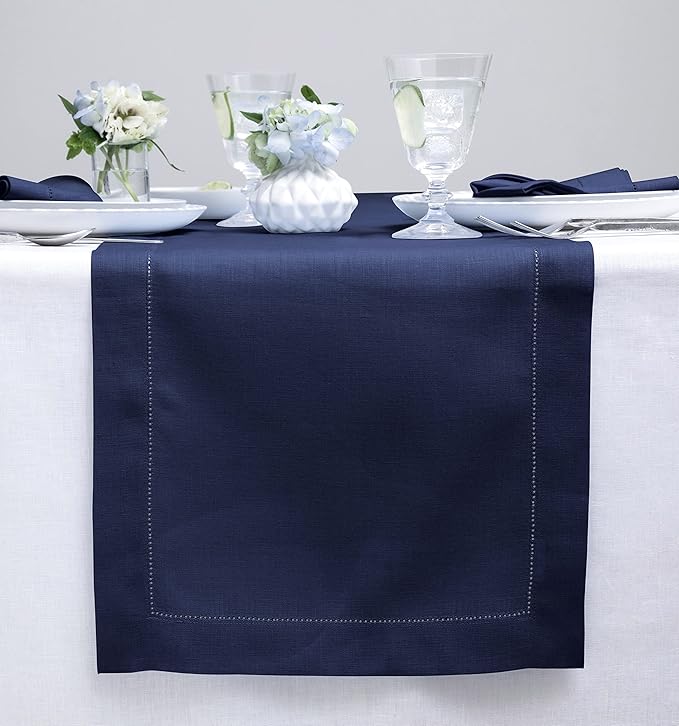 Solino Home Linen Navy Table Runner 108 Inches Long - 100% Pure Linen 14 x 108 Inch Table Runner for Fall, Autumn, Thanksgiving - Classic Hemstitch