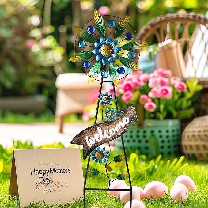 TERESA'S COLLECTIONS Hummingbird Garden Solar Stake, Wind Spinner Yard Art Sign for Outdoor Decor, Metal Purple Floral Windmill Decorative Garden Stake for Lawn Ornaments, Gifts for Mom, 26''