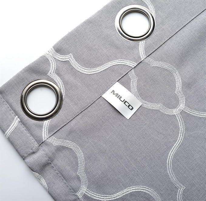 Miuco Moroccan Embroidered Semi Sheer Curtains Faux Linen Grommet Curtain Panels for Bedroom 52 x 95 Inch 2 Panels, Grey