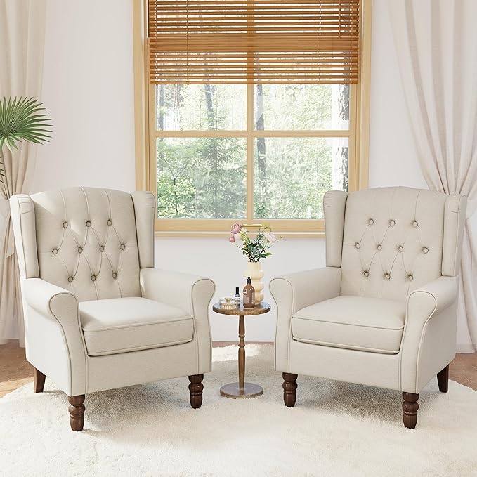 Lumibee High Back Accent Chair Set of 2,Upholstered Wingback Armchair with Solid Wood Legs for Small Spaces,Comfy Single Sofa Chair for Living Room,Bedroom,Office-Beige