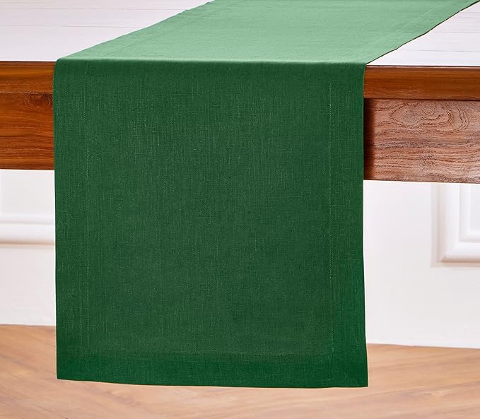 Solino Home Linen Table Runner 36 Inches - 100% Pure Linen Pine Green Table Runner 14 x 36 Inch Ideal for Dresser and Coffee Tables - Fall, Autumn, Thanksgiving - Fete