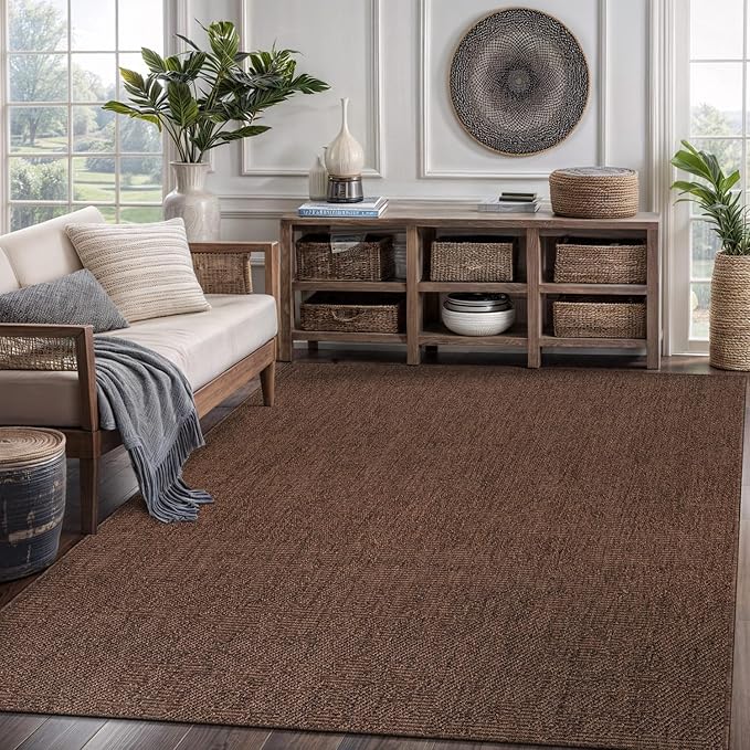 CAMILSON Easy Jute Rug 5x7, Indoor Outdoor Brown Color Fiber Area Rugs for Living Room Patio and Kitchen Rug, Solid Boho Woven Design, Easy-Cleaning, Washable Outside Carpet Alfombras (5 x 7)