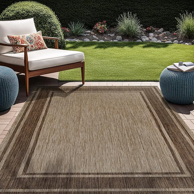 Beverly Rug Large Outdoor Rug 9x12 Modern Bordered Area Rugs for Indoor and Outdoor Patio Deck Porch Garden Waterproof Weather Sun Resistant Washable Outside Carpet (9 x 12 Jute)