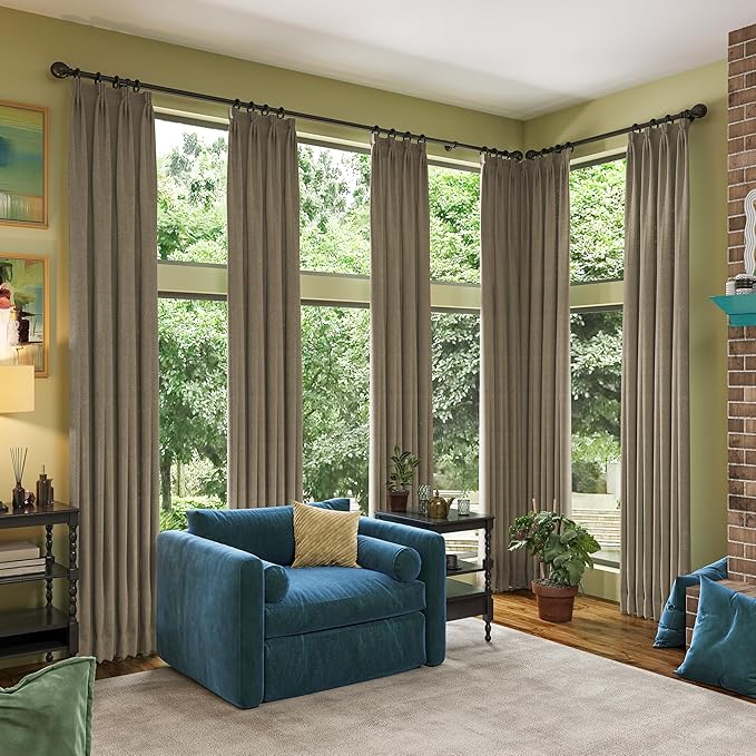 RAIN CITY Linen Brown Extra Long Blackout Curtains 120 Inch Long 10ft, Back Tab Pleated Look Linen Blended Textured Curtains with Hooks for Living Room Track System(W50xL120 in Length,Linen)