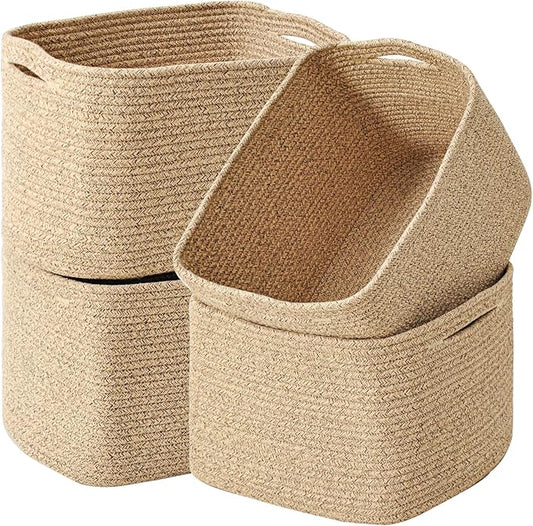 Storage Baskets for Organizing & Shelves, Woven Cotton Rope Organization Bins for Dog Toys, Clothes, Books, Nursery Organizer, 15" Lx11''Wx9.5''H, (4 Packs) Brown