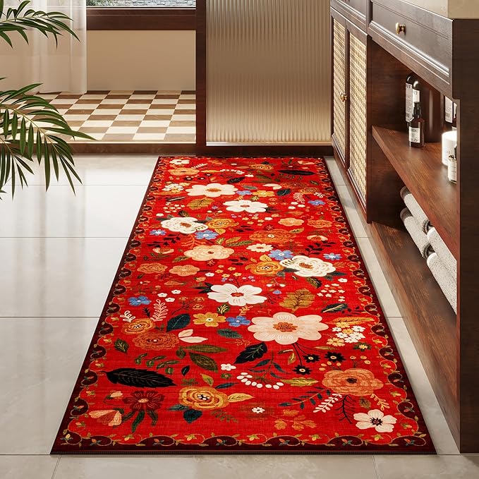 Runners for Hallways Kitchen Runner Rug Non Slip 2'x 10' Long Washable Rugs with Rubber Backing Soft Floral Carpet Runner for Hallways, Kitchen, Laundry, Bedroom, Bathroom(Red)