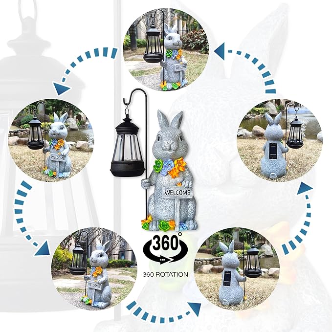Rabbit Solar Lights Lantern Garden Statues with Succulent and 4 LED Lights - Outdoor Bunny Welcome Figurines Decorations for Patio Yard Lawn Ornaments Gifts for Birthday Easter Housewarming