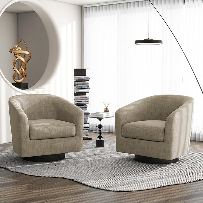 Swivel Barrel Accent Chair, Modern Round Linen Arm Chair for Living Room, Bedroom, Comfy Club Reading Chairs for Adults（Linen Fabric, Light Brown, Set of 4
