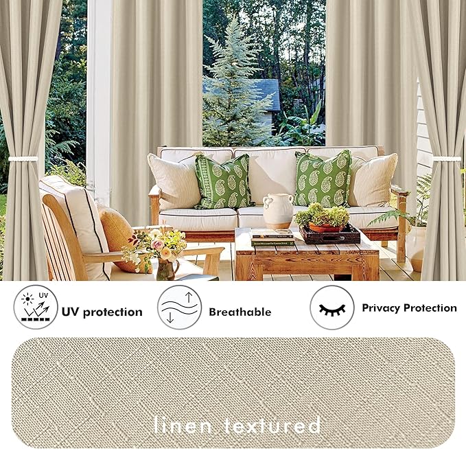 HolidayIdeas 6 Panels Linen Outdoor Curtains for Patio Waterproof Cream Outside Curtains 54"x84"-Indoor/Outdoor Gazebo Curtains Weatherproof, Privacy for Pergola, Porch, Cabana, Living Room, Deck