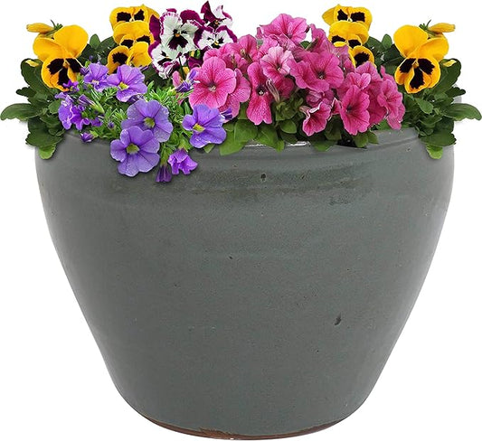 Sunnydaze Chalet Large Ceramic Plant Pot - Round Outdoor Glazed Ceramic Planter Pot with Drainage - Gray - 14.5"