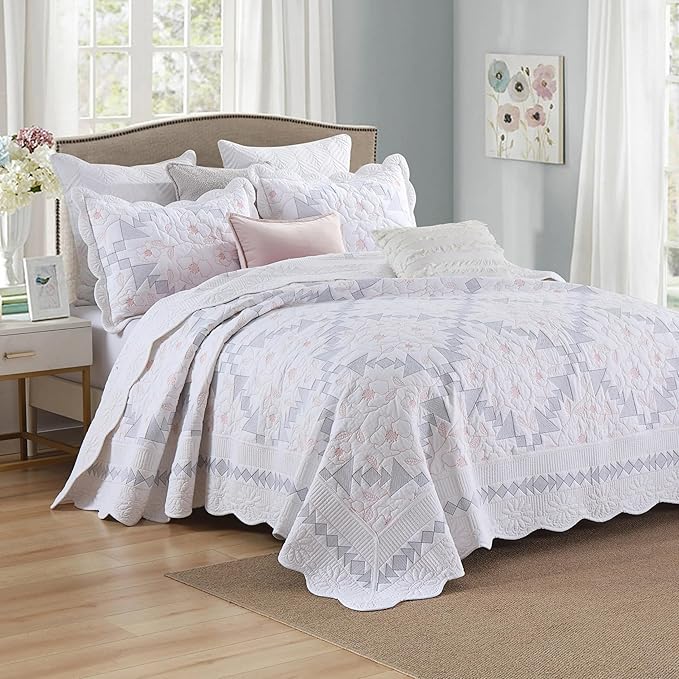 MarCielo 3-Piece 100% Cotton Oversized Bedspread Lightweight Quilt Coverlet Embroidery Farmhouse Bedding Set (TC Colorful White, Oversized Queen (100"x106"))
