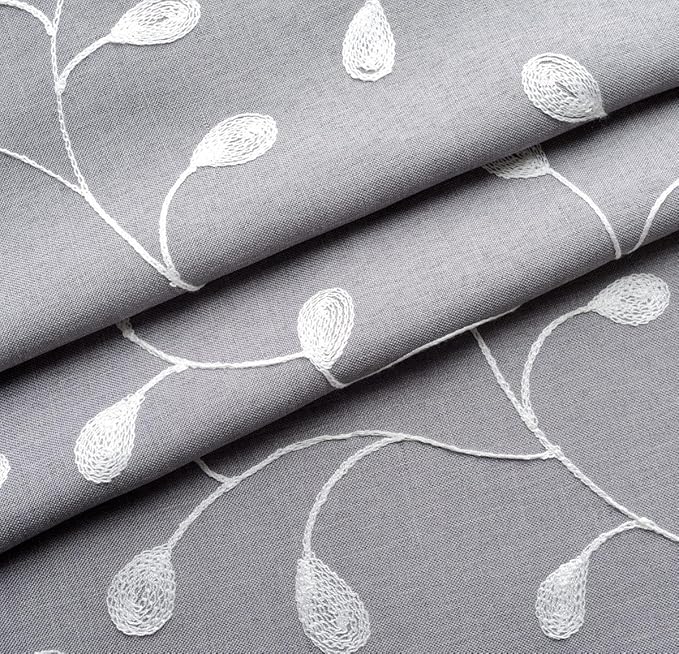 MIUCO Floral Embroidered Semi Sheer Curtains Linen Look Grommet Curtains for Living Room 52 x 84 Inch Set of 2, Grey