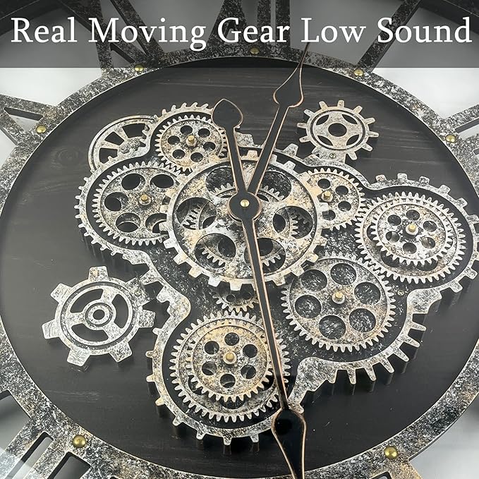36 Inch Moving Gear Wall Clock, Oversized Wall Clocks, Clock Living Room Decor, Solid Wood Frame, Battery Operated, Large Wall Clock with Steampunk Industrial for Fireplace(Black)