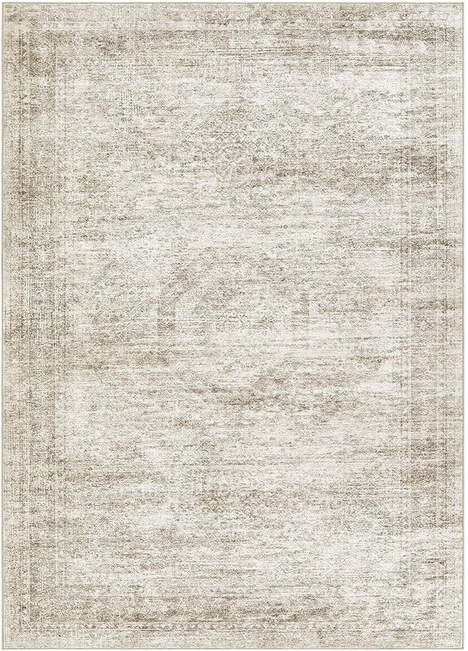 Washable Area Rugs for Living Room -9x12 Neutral Vintage Distressed Floral Farmhouse Boho Large Soft Floor Rug Indoor Non Slip Carpet for Living Room Bedroom Dining Room Office - Beige