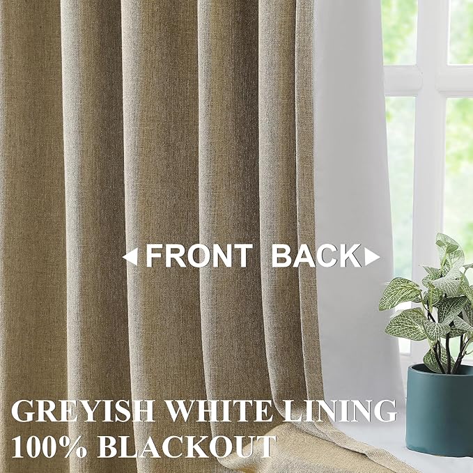 Vision Home Brown Pinch Pleated Full Blackout Curtains Linen Blended Room Darkening Window Curtains 108 inch for Living Room Bedroom Thermal Insulated Pinch Pleat Drapes with Hooks 40" Wx108 Lx2