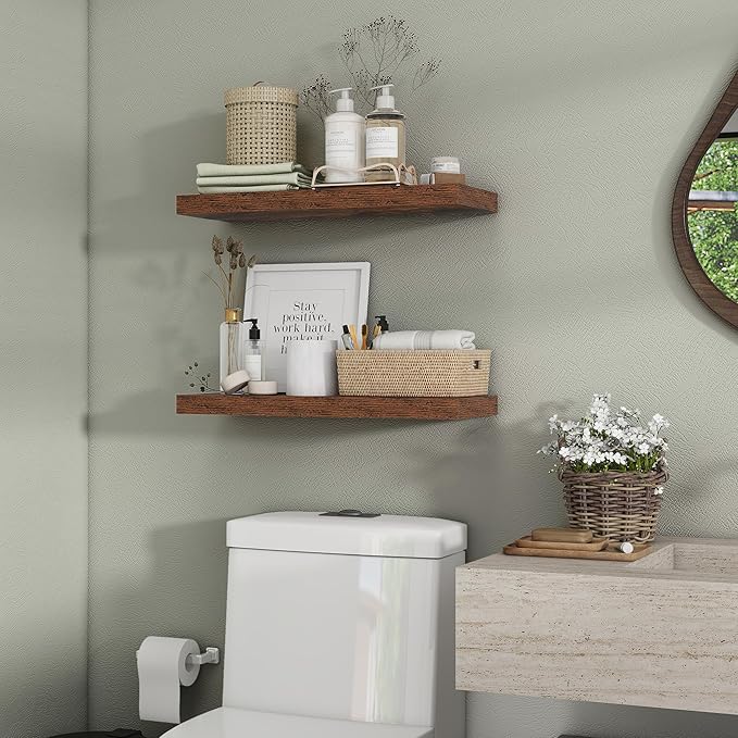 Heimlove 24 inch Floating Shelves for Wall,9.3 inch deep Brown Bathroom Over Toilet Shelf,Wall Mounted Rustic Wood Shelves for,Bedroom,Living Room,Kitchen,Office Decor Set of 2-Brown