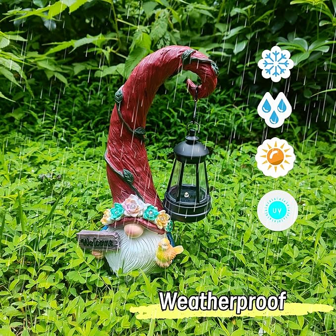 Solar Outdoor Figurine Lights Gnome Garden Decor Statue with LED Flowers & Lantern, Glowing Fairy Yard Decorations for Outside Patio Yard Front Porch, Housewarming Home Decor Gifts Thanksgiving