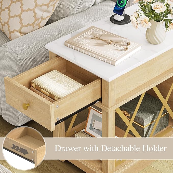 YITAHOME Farmhouse End Table, Side Table with Power Outlets, Nightstand with Drawer and Open Storage, Rustic End Table for Living Room, Sleeping Room, Natural Walnut