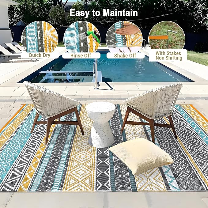 GAOMON Outdoor Rugs Patio Camping Waterproof Rug 6'x9' Plastic Straw Patio Rug Portable for Campers, Outside RVs Mat for Patios Clearance, Backyard Porch, Balcony, Teal/Yellow(Bohemia)