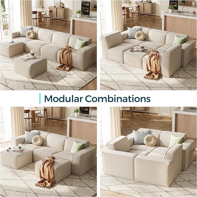 LINSY HOME Modular Sectional Sofa, 134" Boneless Couch L Shaped 4-Seat Sofa with Movable Ottoman, Corduroy Sectional Cloud Couches for Living Room, No Assembly Required, Beige
