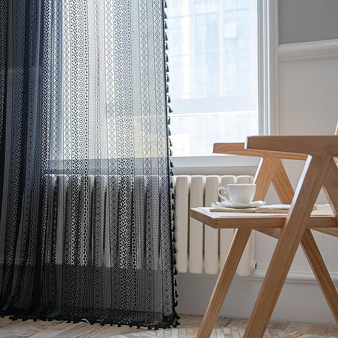 Sutuo Home Black Boho Curtain for Halloween Decor, Sheer Crochet Lace Handmade Tassels Knitted Window Treatment Vintage Rustic Bohemian Farmhouse Drape for Bedroom Rod Pocket 1 Panel 59" W x 96" L