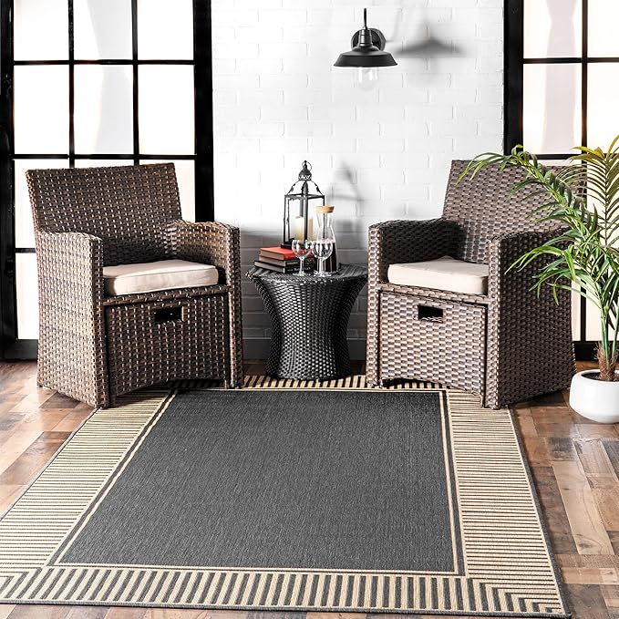 nuLOOM 3'6" x 5' Outdoor Area Rug, Casual Design With Striped Border, Stain Resistant, Highly Durable, For Patio, Balcony, Bedroom, Living Room, Dining Room, Bathroom, Dark Grey