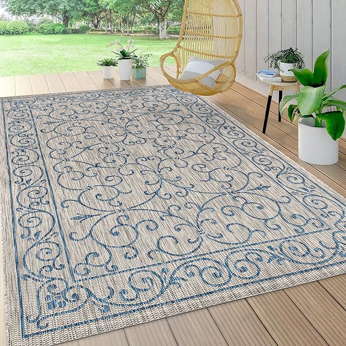 JONATHAN Y Vintage Filigree Indoor Outdoor Area Rug 6X9 Gray/Navy, Charleston Textured Weave for Backyard, Patio, Porch, Easy-Cleaning, High Traffic, Pet-Friendly, Non-Shedding (SMB106C-6)