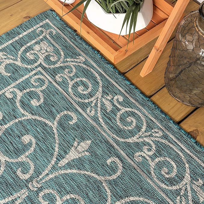 JONATHAN Y Vintage Filigree Indoor Outdoor Area Rug 9X12 Teal/Gray, Charleston Textured Weave for Backyard, Patio, Porch, Easy-Cleaning, High Traffic, Pet-Friendly, Non-Shedding (SMB106F-9)