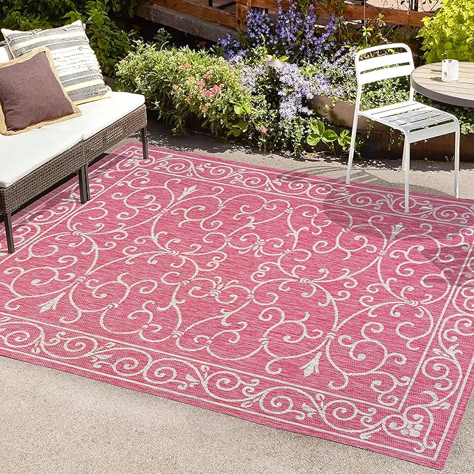 JONATHAN Y Vintage Filigree Indoor Outdoor Area Rug 9X12 Fuchsia/Light Gray, Charleston Textured Weave for Backyard, Patio, Porch, Easy-Cleaning, High Traffic, Pet-Friendly, Non-Shedding (SMB106J-9)
