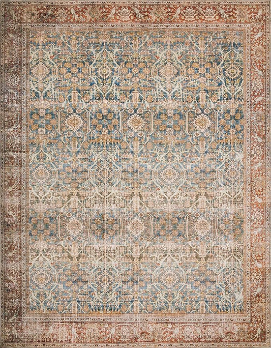Loloi Layla Collection LAY-04 Ocean/Rust 7'-6" x 9'-6" .13" Thick Area Rug, Soft, Durable, Vintage Inspired, Distressed, Low Pile, Non-Shedding, Easy Clean, Printed, Living Room Rug