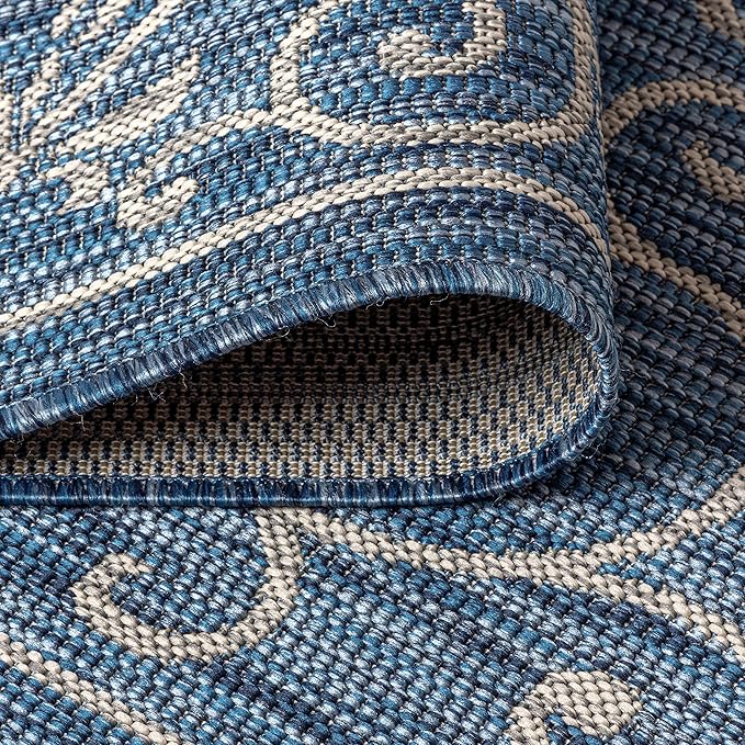 JONATHAN Y Vintage Filigree Indoor Outdoor Round Area Rug 8 Ft Navy/Gray, Charleston Textured Weave for Backyard, Patio, Porch, Easy-Cleaning, High Traffic, Pet-Friendly, Non-Shedding (SMB106D-8R)