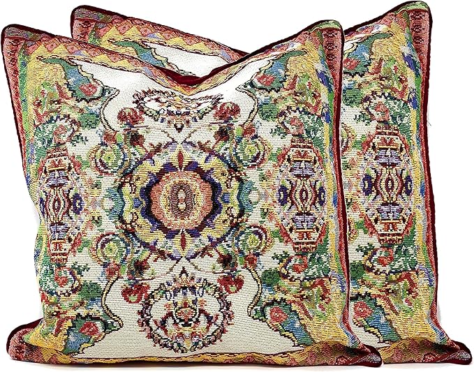 Tache Rococo Elegant Ornate Ivory Colorful Paisley Cotton Linen 18x18 Tapestry Woven Cushion Throw Pillow Cover 2 Pieces