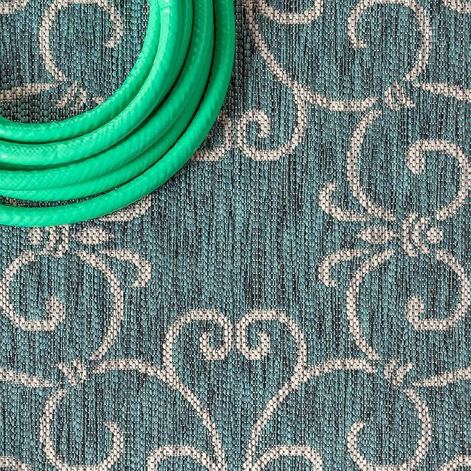 JONATHAN Y Vintage Filigree Indoor Outdoor Square Area Rug 5X5 Teal/Gray, Charleston Textured Weave for Backyard, Patio, Porch, Easy-Cleaning, High Traffic, Pet-Friendly, Non-Shedding (SMB106F-5SQ)