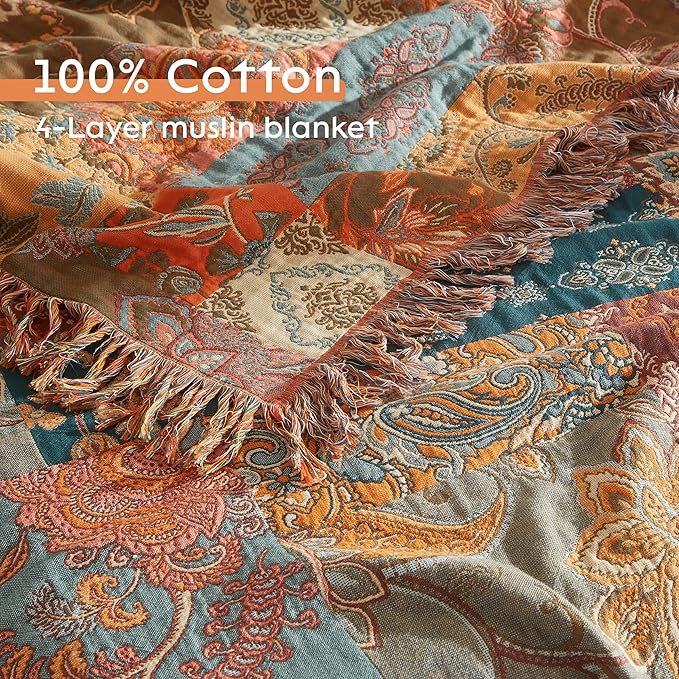 Boho Throw Blanket for Bed 80”x90”, 100% Cotton Woven Blanket for Couch Sofa, Ultra Soft 4-Layer Muslin Quilt with Patchwork Floral Printed, Farmhouse Bed Blanket/Cover for Living Room Decor
