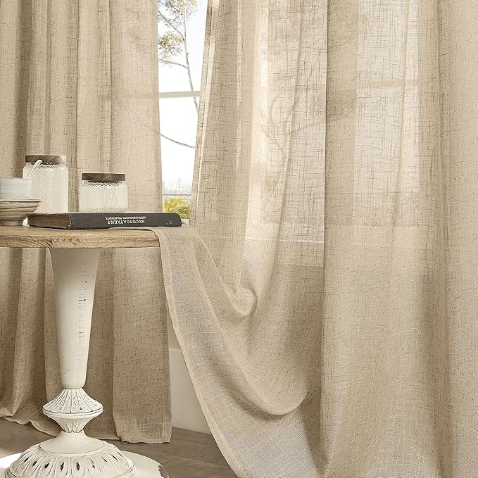 LAMIT Sheer Linen Curtains 63 Inches Long for Bedroom, Faux Linen Textured Light Filtering Drapes Bronze Grommet Semi Sheer Neutral Panels for Farmhouse, 2 Panels, 34 x 63 Inch, Brown