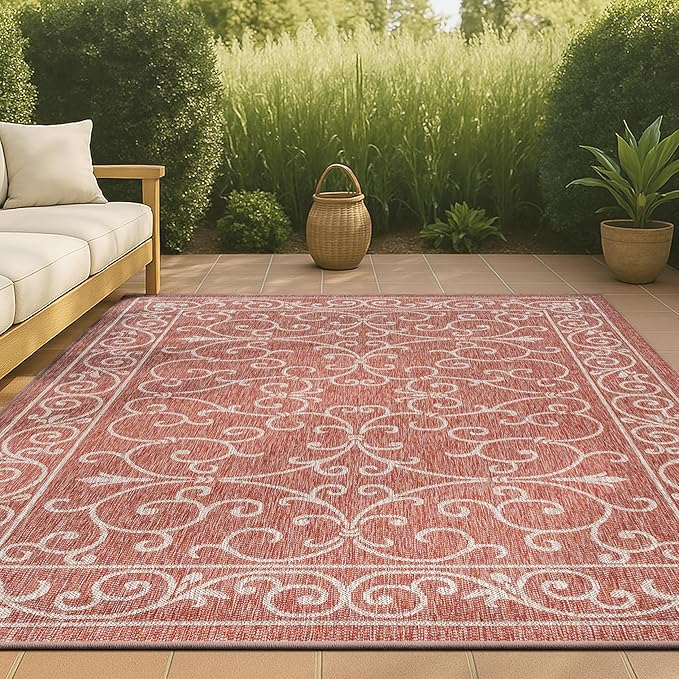 JONATHAN Y Vintage Filigree Indoor Outdoor Area Rug 5X8 Red/Beige, Charleston Textured Weave for Backyard, Patio, Porch, Easy-Cleaning, High Traffic, Pet-Friendly, Non-Shedding (SMB106B-5)