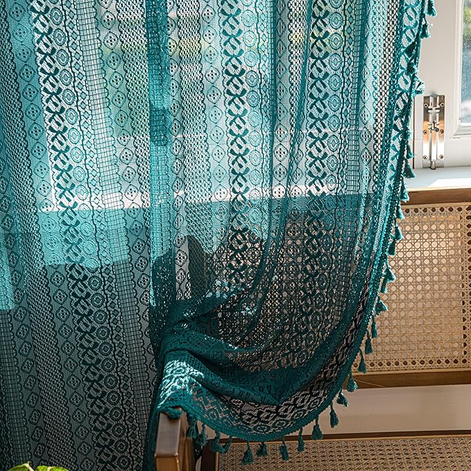 Sutuo Home Boho Curtains Crochet Lace Sheer Bohemian Hollow Knitted with Tassels, Window Treatment Privacy Vintage Rustic Farmhouse Drapes for Bedroom, Rod Pocket 1 Panel 59" W x 63" L, Turquoise