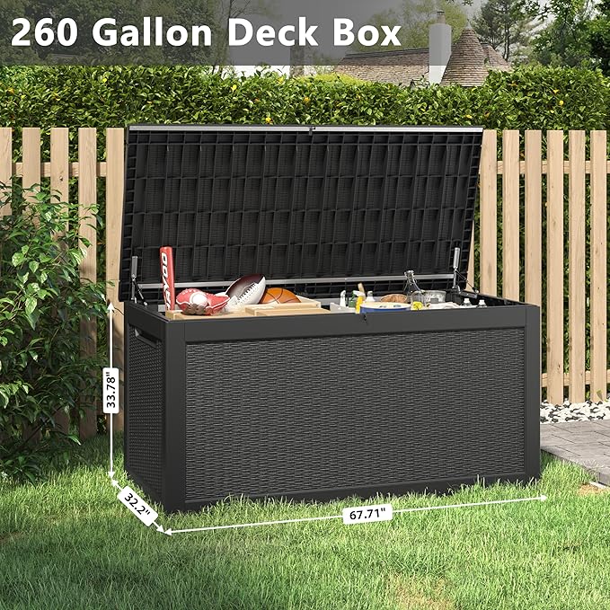 260 Gallon Resin Deck Box, Large Indoor and Outdoor Storage Box, Weatherproof and UV Resistant Outdoor Storage Box with Built-in Steel Beams for Patio Cushions, Pool Supplies