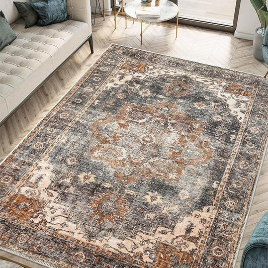 Keen Home Design 5x7 Rug - Machine Washable Area Rug with Non-Slip Backing, Ideal for Living Room, Dining Room, Bedroom - Vintage, Easy Clean, Durable, Low Pile Rug - (5' x 7')