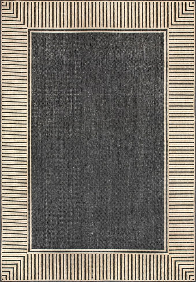 nuLOOM 9'6" x 12' Outdoor Area Rug, Casual Design With Striped Border, Stain Resistant, Highly Durable, For Patio, Balcony, Bedroom, Living Room, Dining Room, Bathroom, Dark Grey