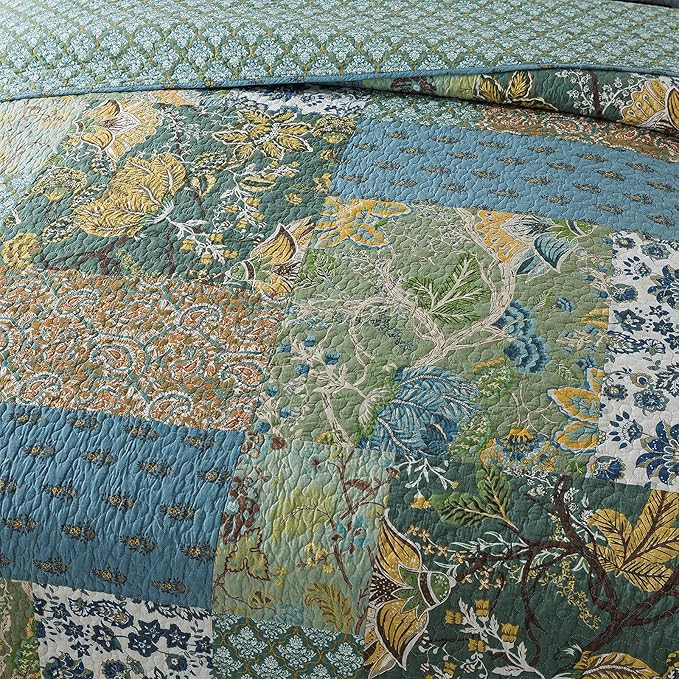 NEWLAKE Cotton Patchwork Bedspread, 3-Piece Bedding Quilt Set with Real Stitched Embroidery, Reversible Matelasse Bed Coverlet Set,Green Farmhouse Garden,Queen Size