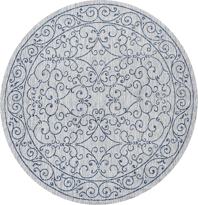 JONATHAN Y Vintage Filigree Indoor Outdoor Round Area Rug 4 Ft Gray/Navy, Charleston Textured Weave for Backyard, Patio, Porch, Easy-Cleaning, High Traffic, Pet-Friendly, Non-Shedding (SMB106C-4R)