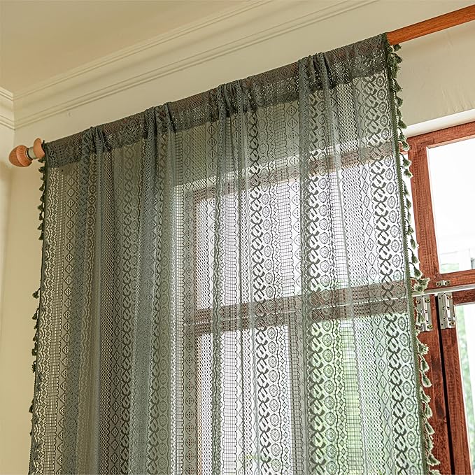 Sutuo Home Olive Green Boho Curtains 102 inches Long, Crochet Lace Sheer Bohemian Hollow Knitted Cute Tassels, Vintage Farmhouse for Bedroom Living Room Xmas Christmas Decor, 1 Panel 59" W x 102" L