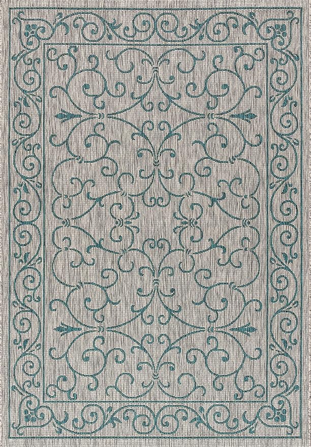 JONATHAN Y Vintage Filigree Indoor Outdoor Area Rug 8X10 Gray/Teal, Charleston Textured Weave for Backyard, Patio, Porch, Easy-Cleaning, High Traffic, Pet-Friendly, Non-Shedding (SMB106E-8)