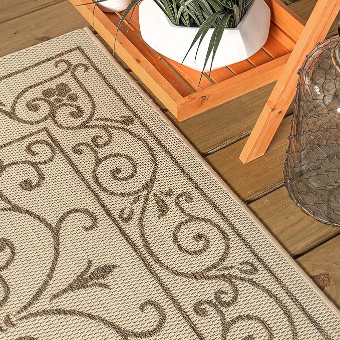 JONATHAN Y Vintage Filigree Indoor Outdoor Area Rug 4X6 Beige/Brown, Charleston Textured Weave for Backyard, Patio, Porch, Easy-Cleaning, High Traffic, Pet-Friendly, Non-Shedding (SMB106A-4)