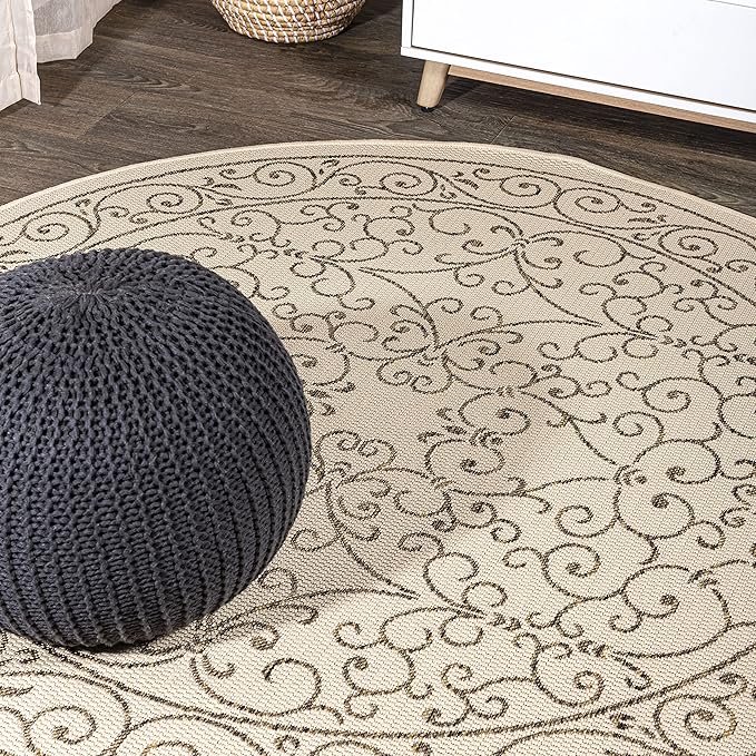 JONATHAN Y Vintage Filigree Indoor Outdoor Round Area Rug 4 Ft Beige/Brown, Charleston Textured Weave for Backyard, Patio, Porch, Easy-Cleaning, High Traffic, Pet-Friendly, Non-Shedding (SMB106A-4R)